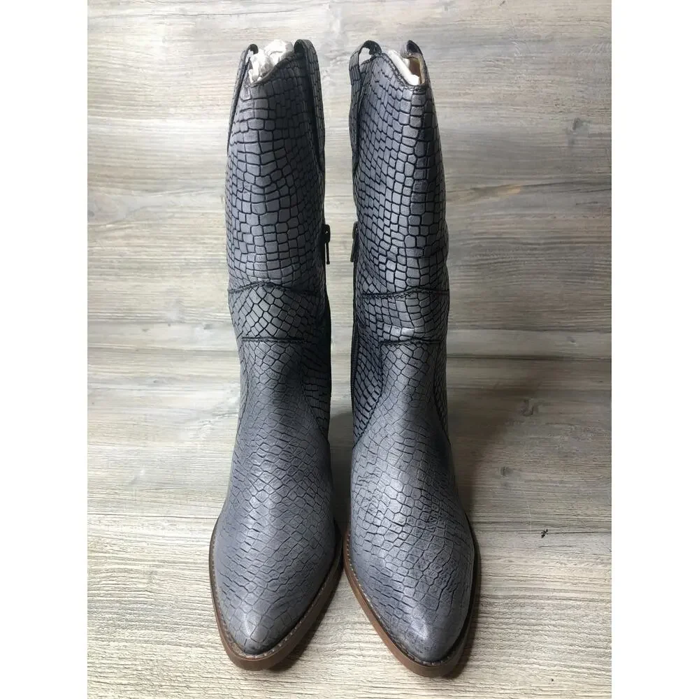 Diba True Leather Mid Calf Western Boots - Croc Embossed Size 9.5